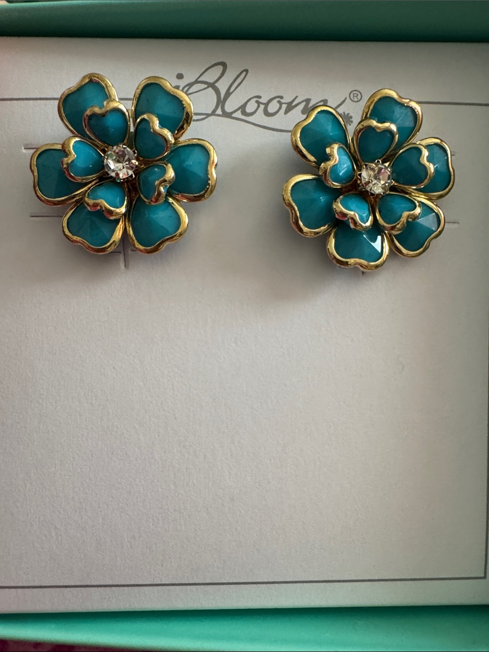 bloom Teal Enamel Flower Earrings with Gold Trim